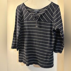 Chaps Navy and White Striped Blouse With Ties In Front, 3/4 length sleeves